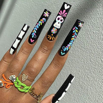 Halloween Skull Press-On Nails | Black Glossy Long Square