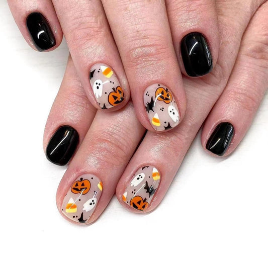 Halloween Press-On Nails | Pumpkin Ghost Bat Design, Short Square