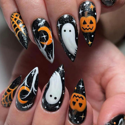 Pumpkin Ghost Orange Halloween Almond Press-On Nails