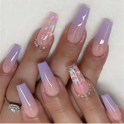 Pink Butterfly Glitter Coffin Press-On Nails