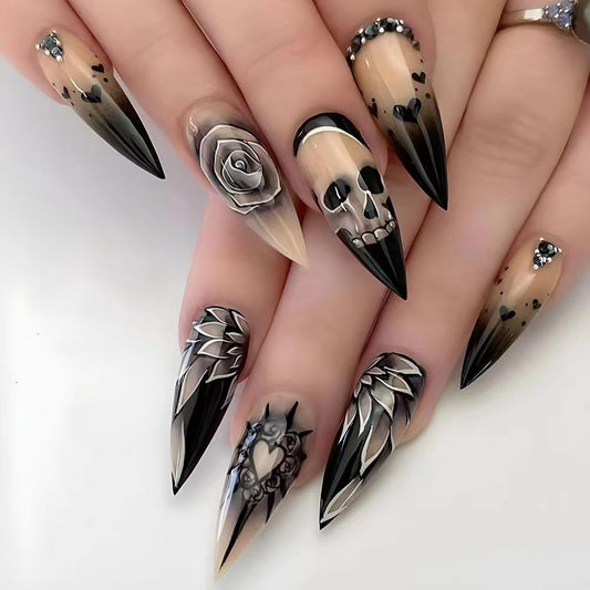 Halloween Gothic Rhinestone Press-On Nails | Black Rose & Skull Design