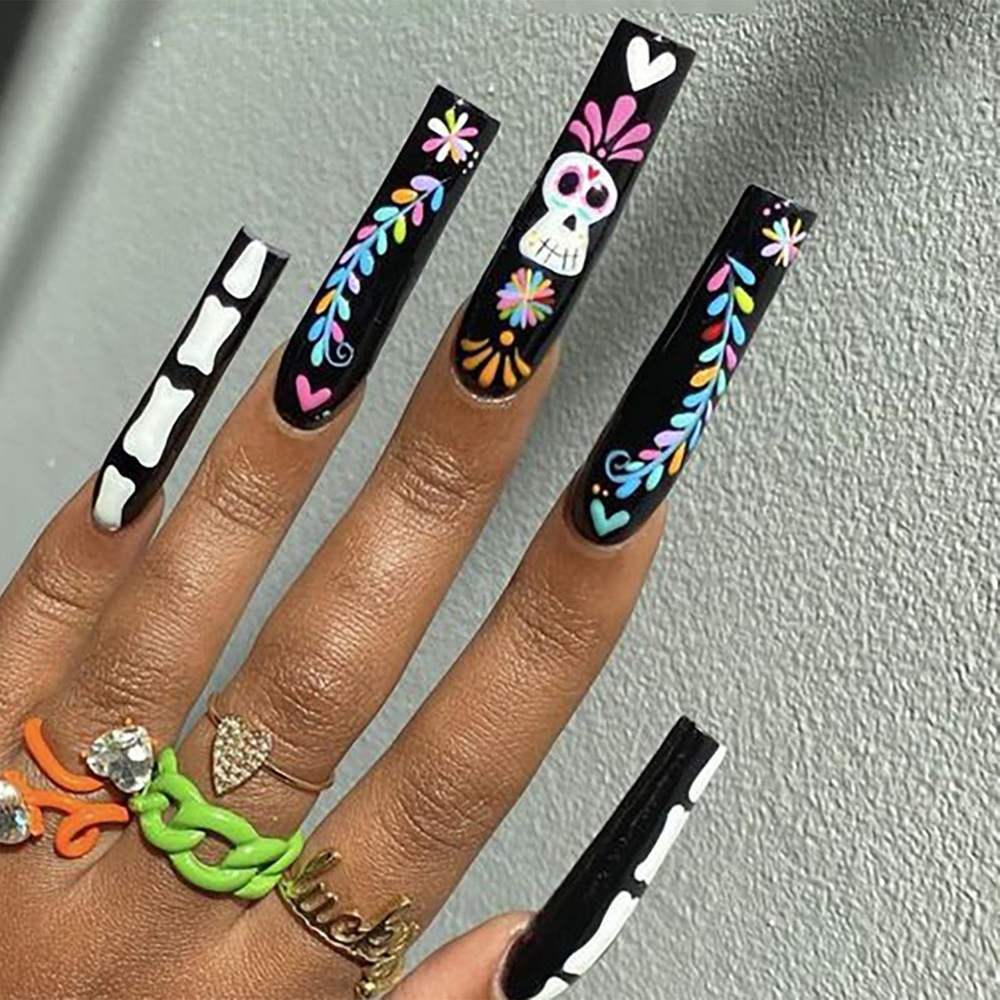 Halloween Skull Press-On Nails | Black Glossy Long Square