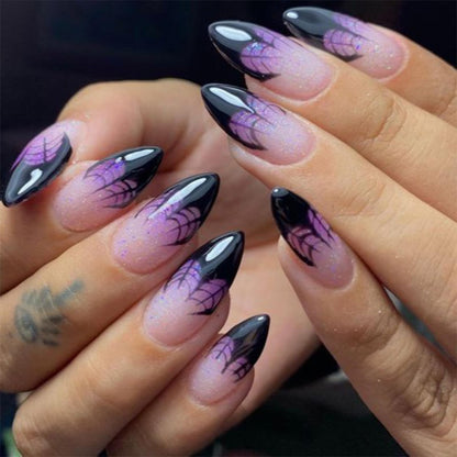Purple Spider Web Halloween Almond Press-On Nails