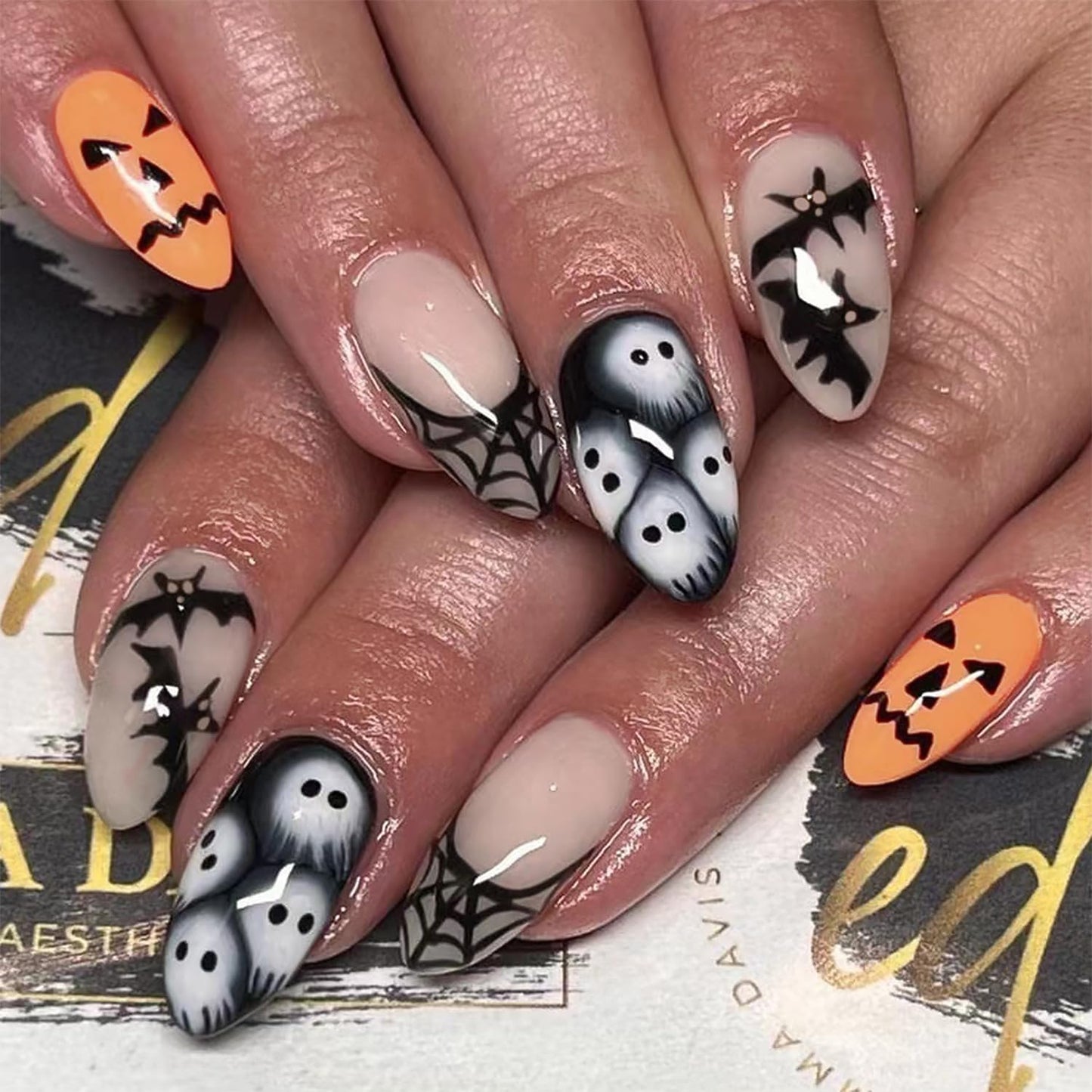 Ghost, Bat & Spider Halloween Almond Press-On Nails