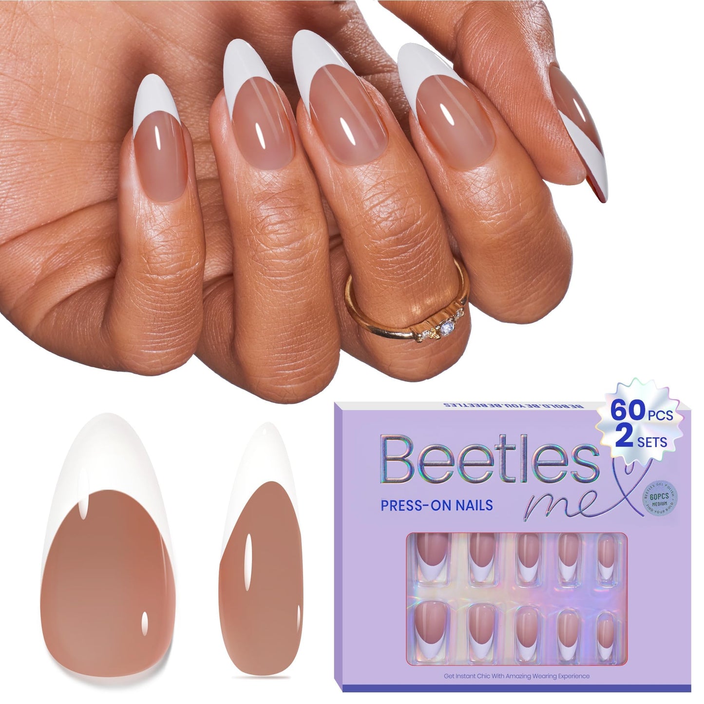 Classic French Tip Press-On Nails | Almond Shape, 15 Sizes