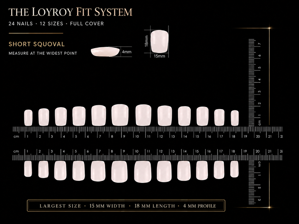 LoyRoy fit system showing 24 short squoval press-on nails across 12 sizes