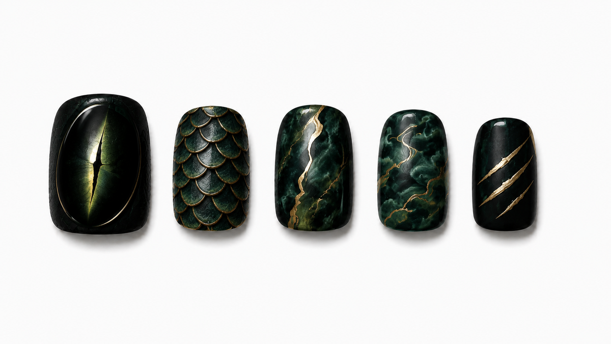 Qinglong men's press-on nails five-design white background overview