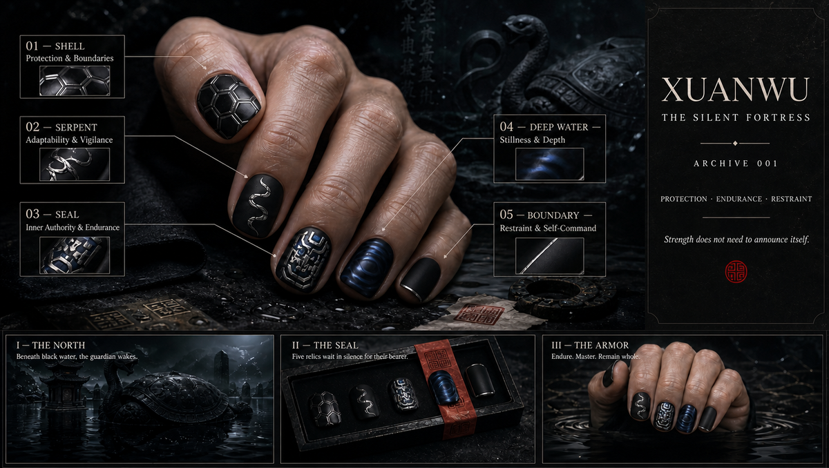 玄武（XUANWU） — The Silent Fortress | 24-Piece Men's Press-On Nail Set lifestyle view