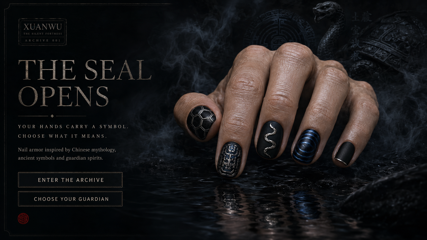 XUANWU The Silent Fortress — a masculine hand wearing five guardian-inspired press-on nails emerging from black water and smoke